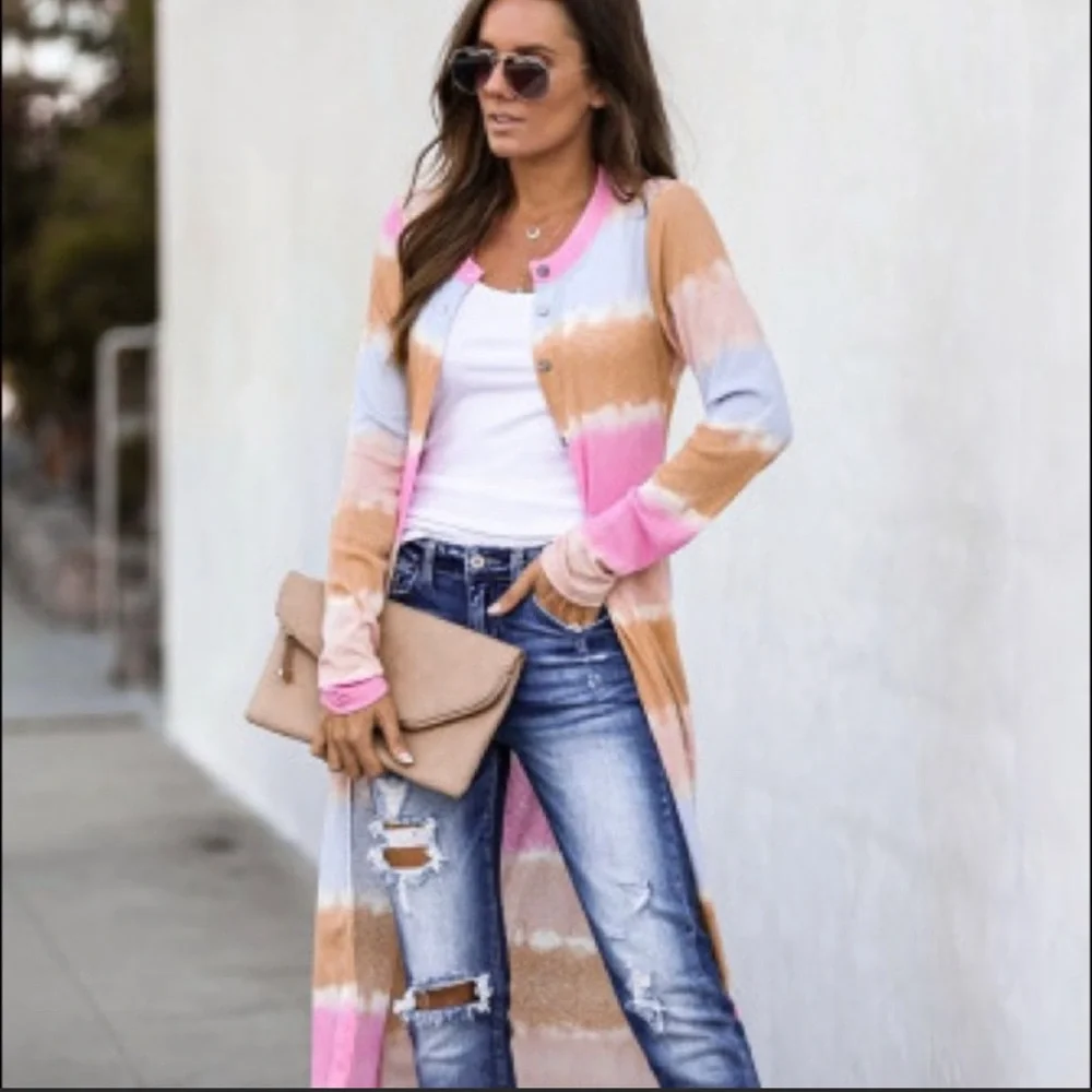 Colorblock Long Pink/Brown Cardigan - Picture 2 of 6